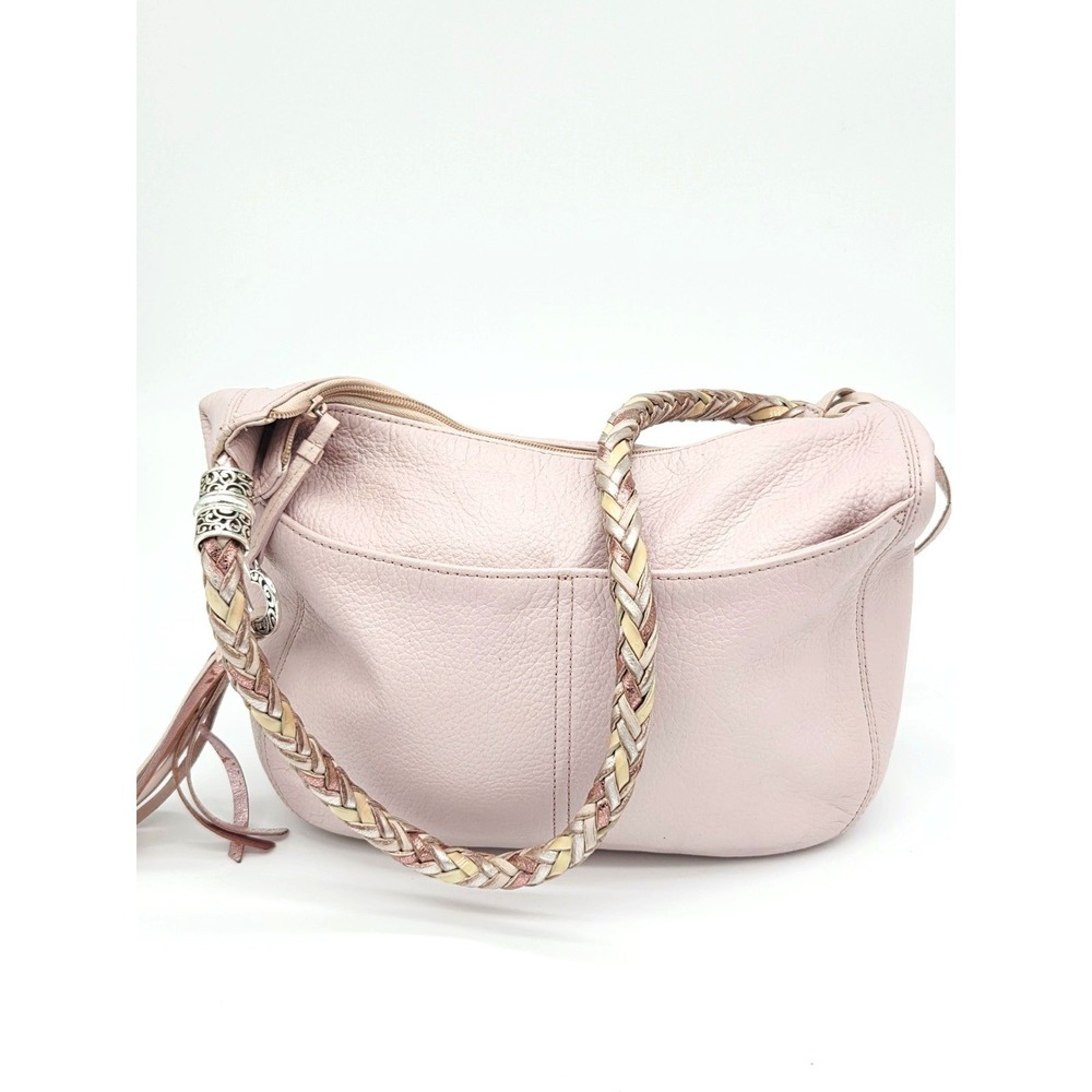 Brighton Barbados Hobo Bag Pink Leather Braided Handle Metallic Zip Top Boho